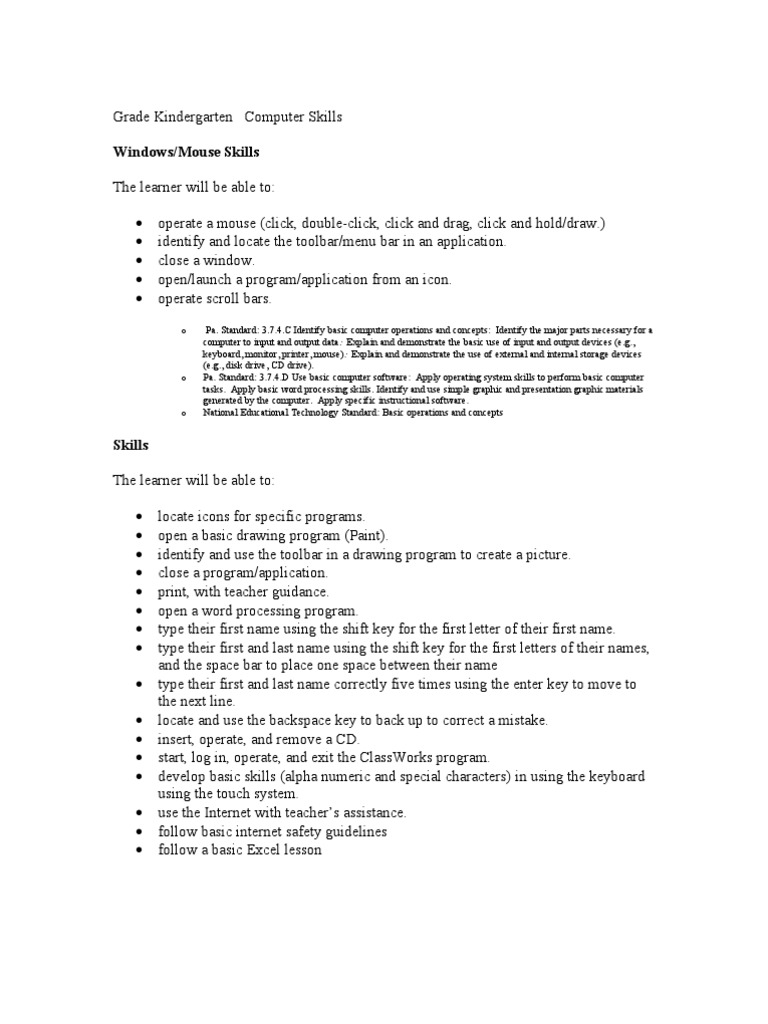 Kindergarten Computer Skills Curriculum | PDF | Computer Keyboard ...