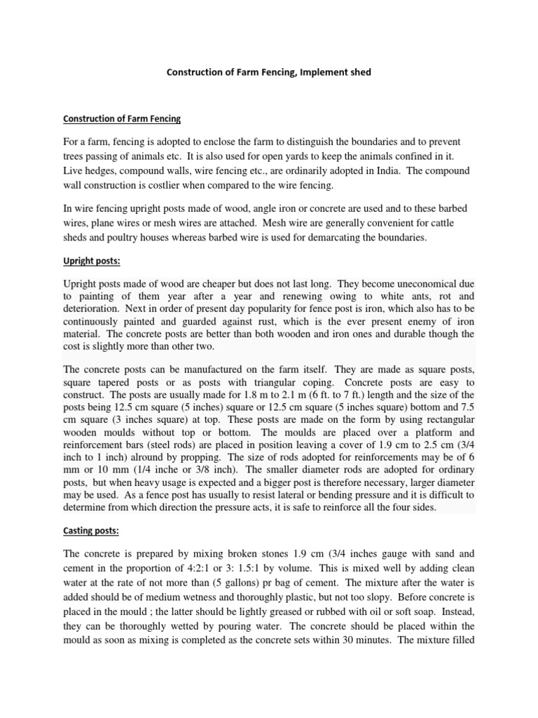 Construction of Farm Fencing, Implement Shed PDF Concrete Shed