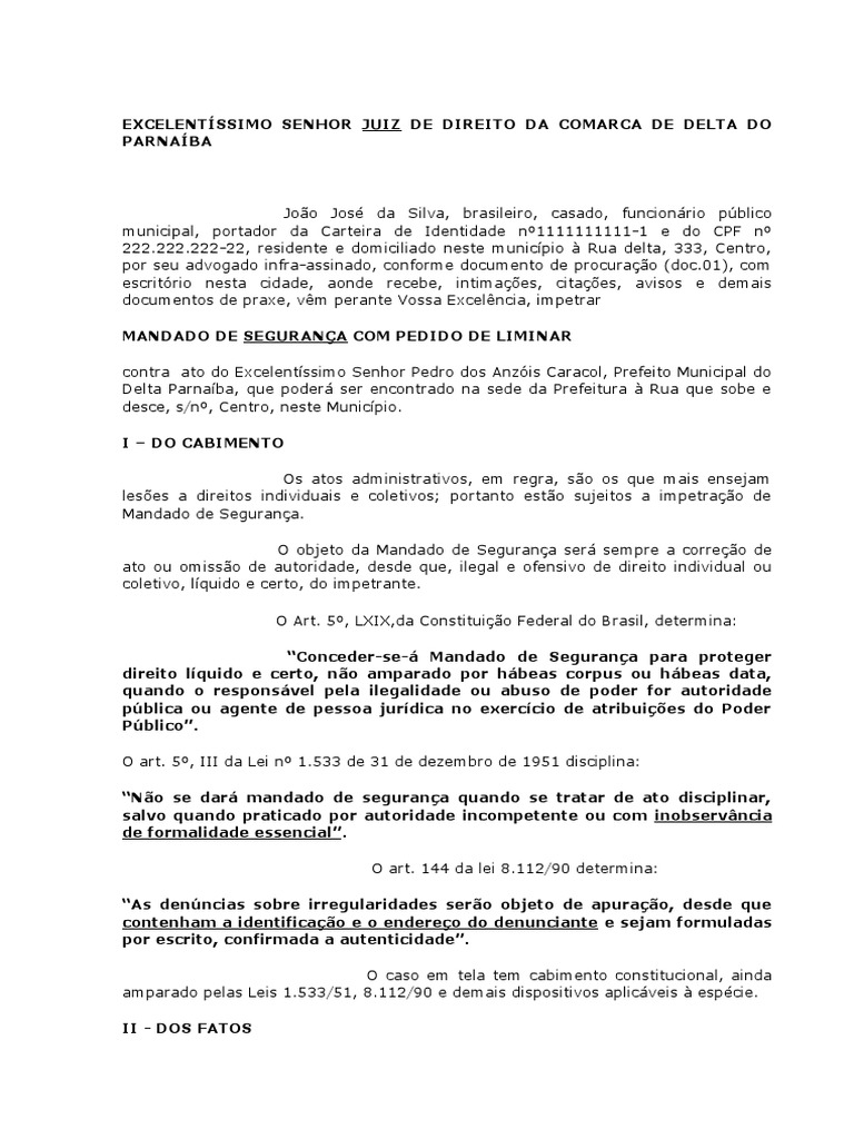 Mandado de Segurança contra Demissão Administrativa | PDF | Mandamus ...