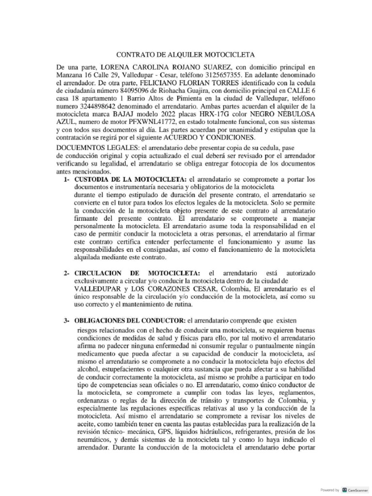 Contrato de Alquiler Motocicleta | PDF
