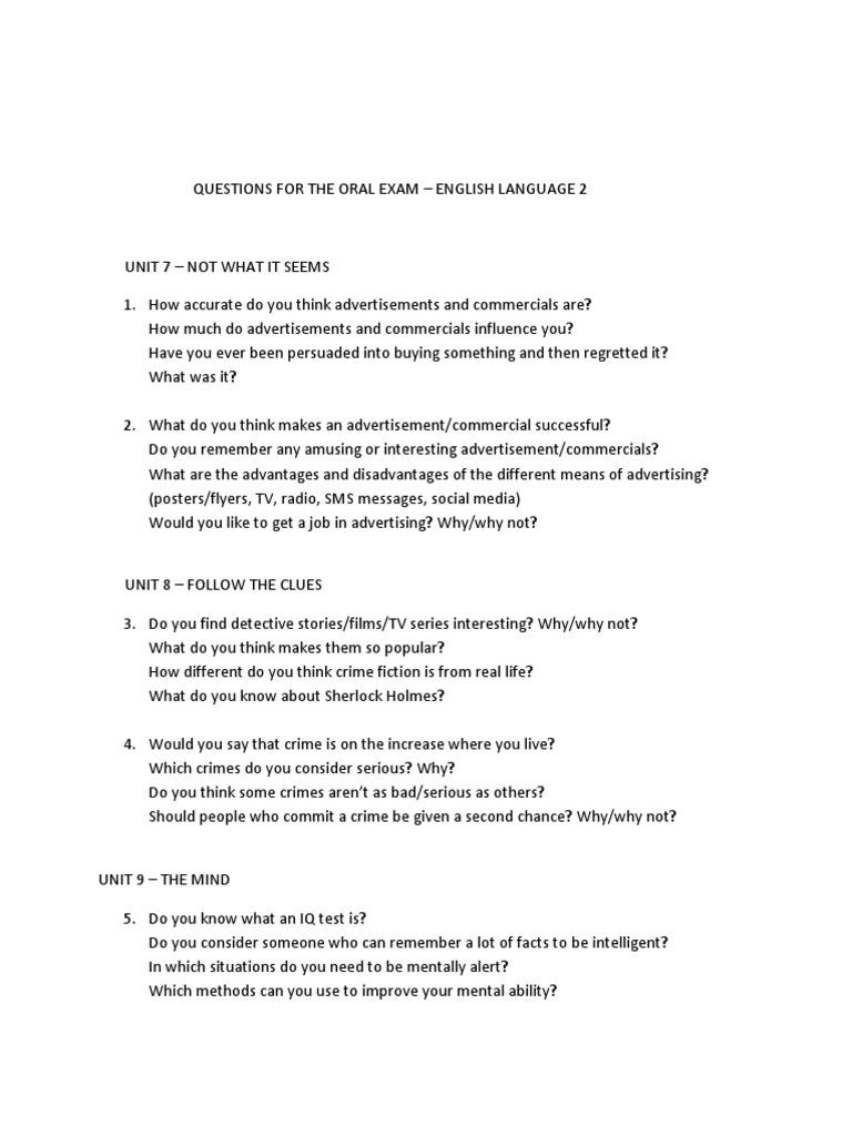 Questions For The Oral Exam - English Language 2 | Download Free PDF ...