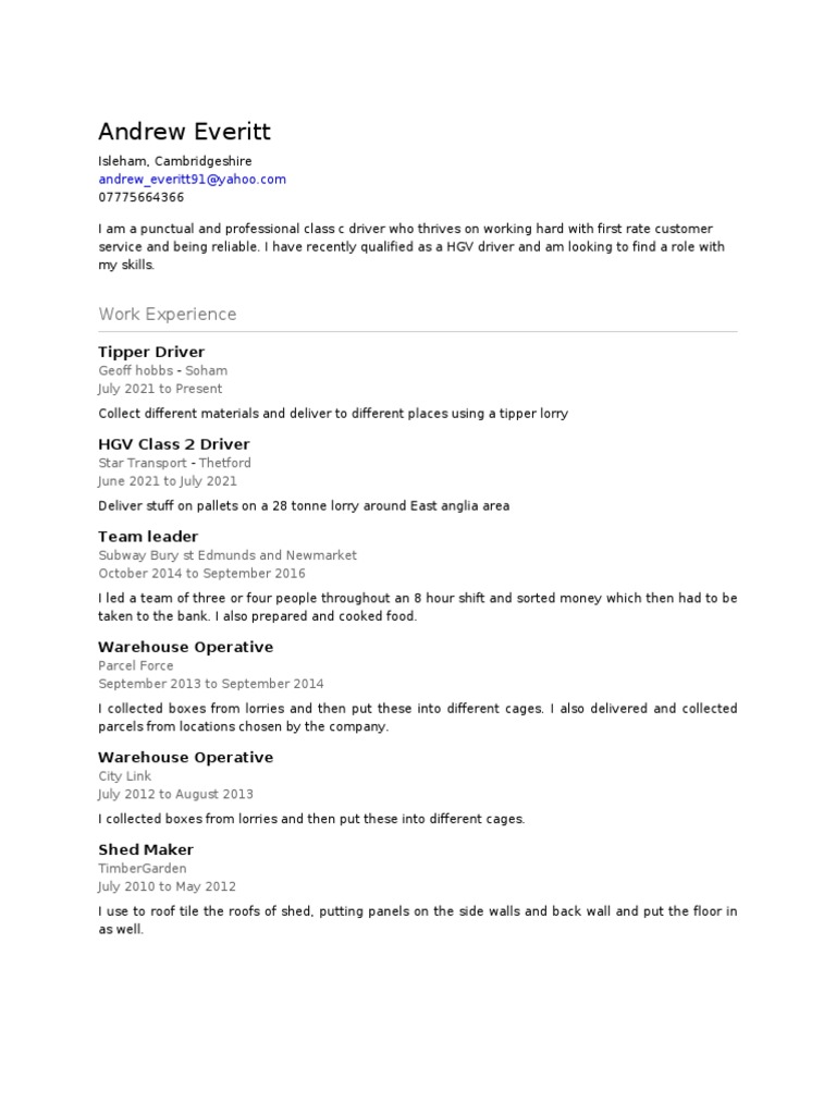 HGV Class 2 Driver Resume - Andrew Everitt | PDF