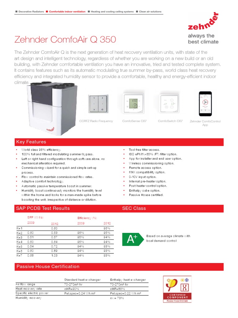 Asset Product Data Sheet Zehnder Comfoair Q 350 en Uk | PDF | Heat ...