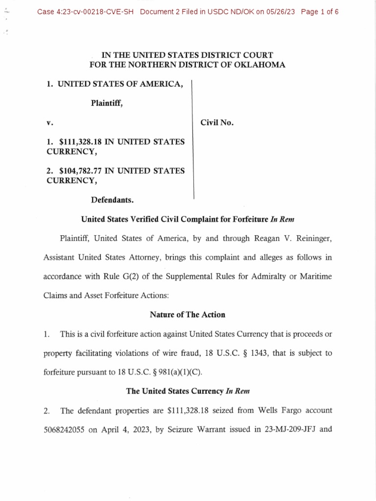 Tulsa Public Schools Wire Fraud Investigation PDF Asset Forfeiture