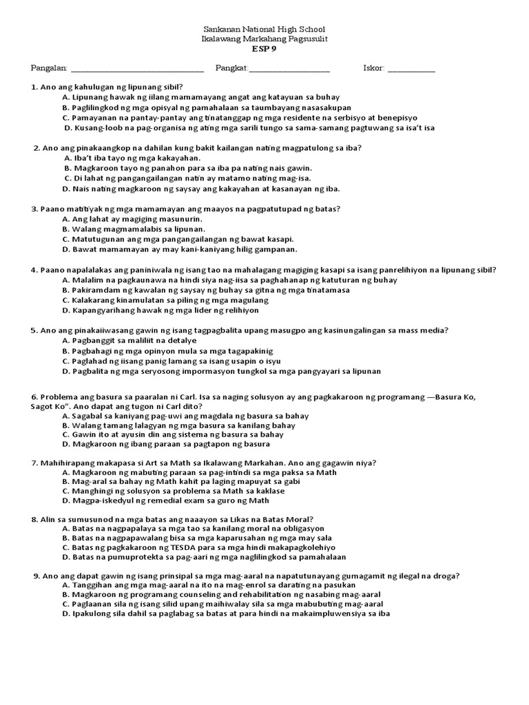 Esp 9 Q2 Exam | PDF