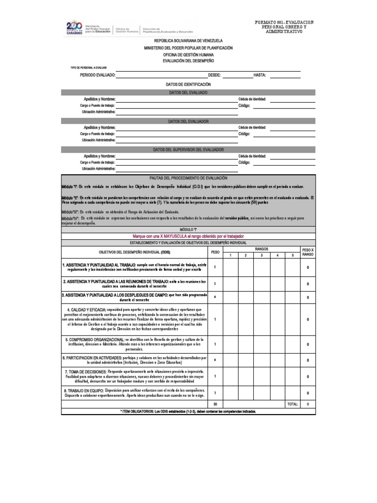 Formato 001 Odi Evaluacion para Personal Administrativo y Obrero | PDF ...