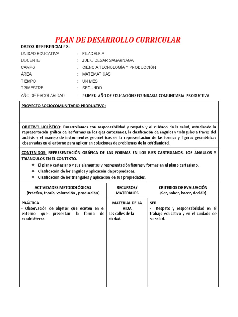 Plan de Desarrollo Curricular en Matemáticas | PDF