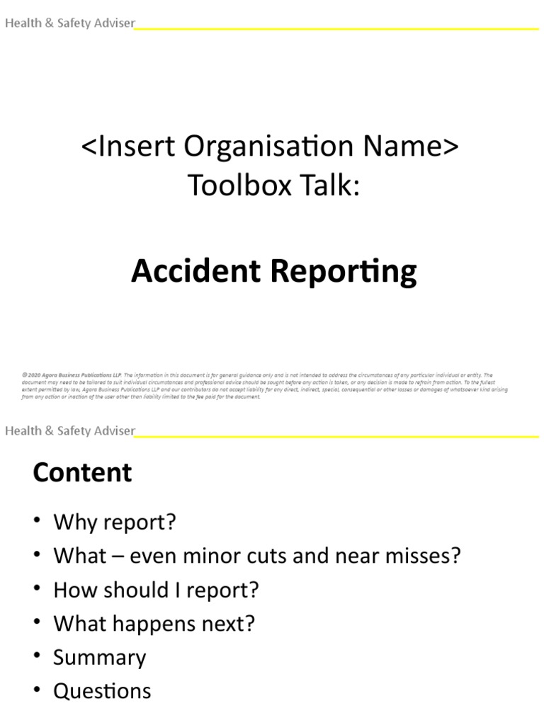 Accident Reporting Toolbox Talk PDF Occupational Safety And Health