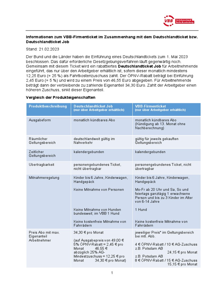 Faq VBB Firmenticket Und Deutschlandticket Job PDF