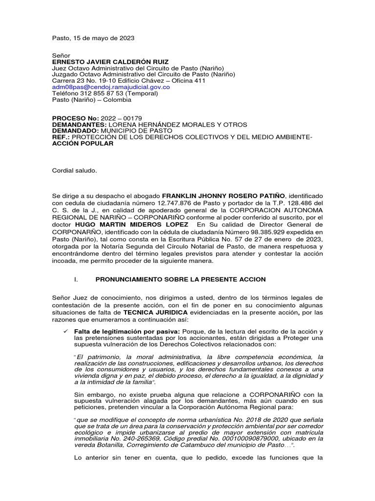 Contestacion A ACCION POPULAR 2022-00179 | PDF | Judicaturas | Entorno ...