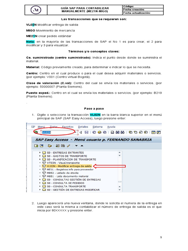 Guía SAP: Contabilización ME21N-MIGO | PDF
