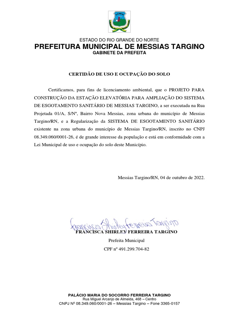 Prefeitura Municipal de Messias Targino: Certidão de Uso E Ocupação Do ...