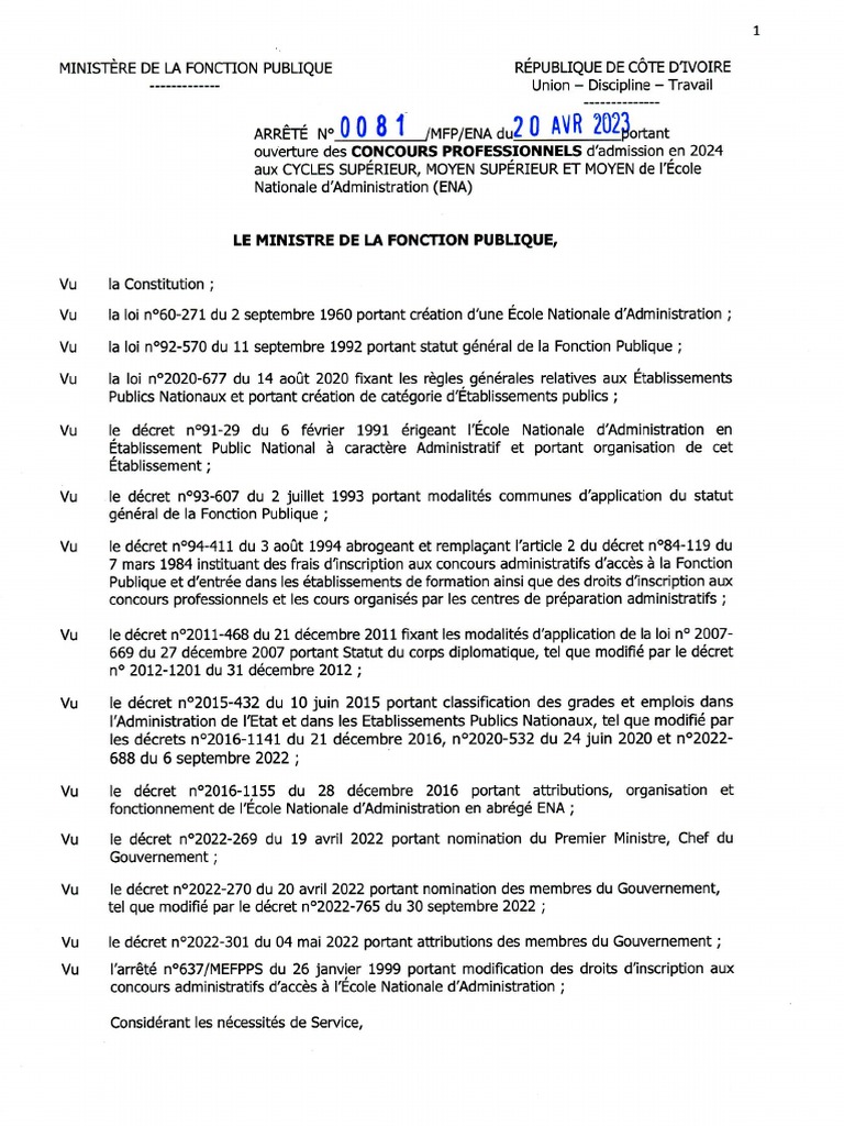Arrete D'ouverture Concours Professionnels 2023 | PDF