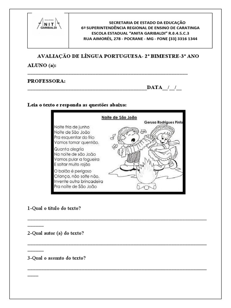Avaliação 2º Bimestre - 3º Ano | PDF | Carreira e Crescimento | Estudos ...