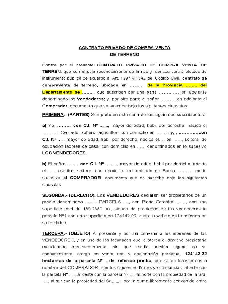 Contrato Privado de Compraventa de Terreno | PDF | Derecho privado ...