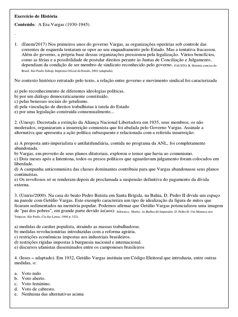 Aula 6 - Questões - Era Vargas-1 | PDF | Brasil | Estado
