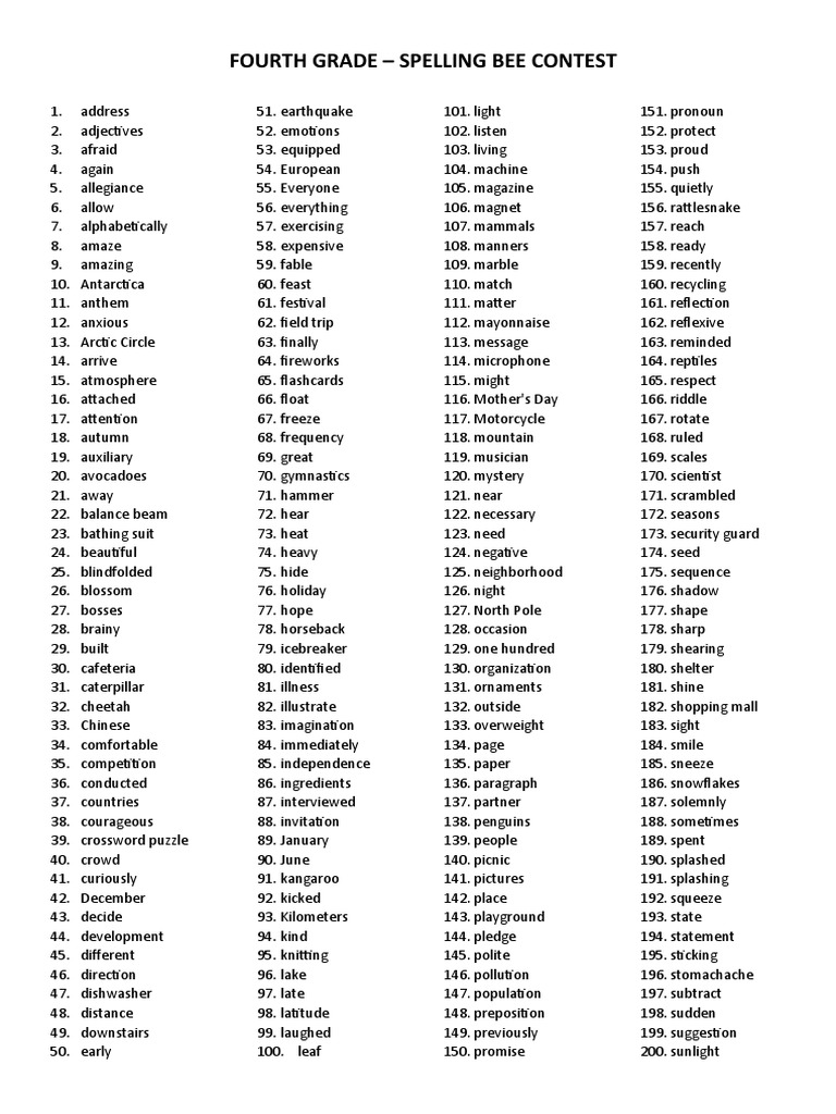 List of Words - Spelling Bee Contest - 4th Grade | PDF | Linguistics