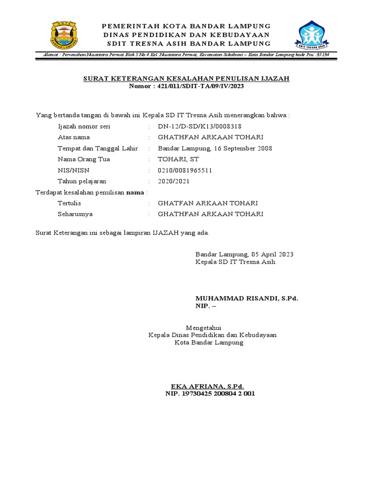 Surat Keterangan Kesalahan Penulisan Ijazah | PDF