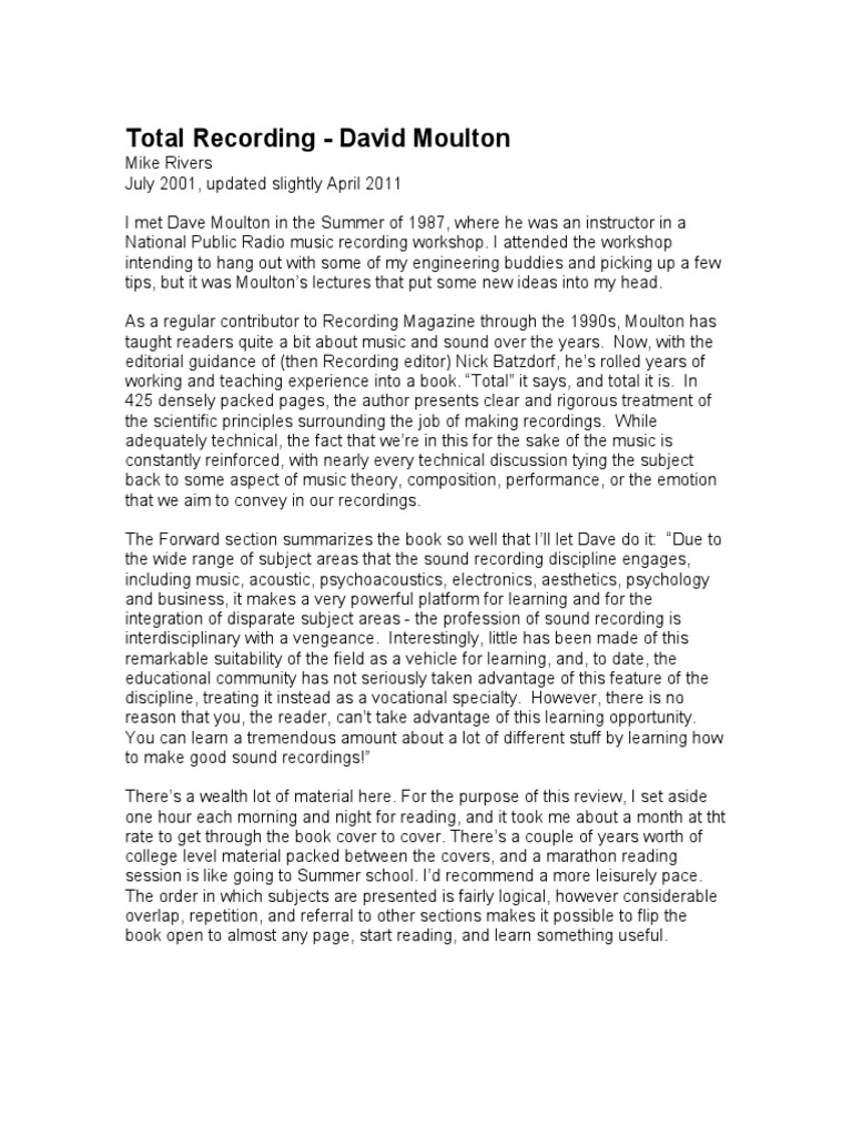 Total Recording Review PDF Sound Acoustics