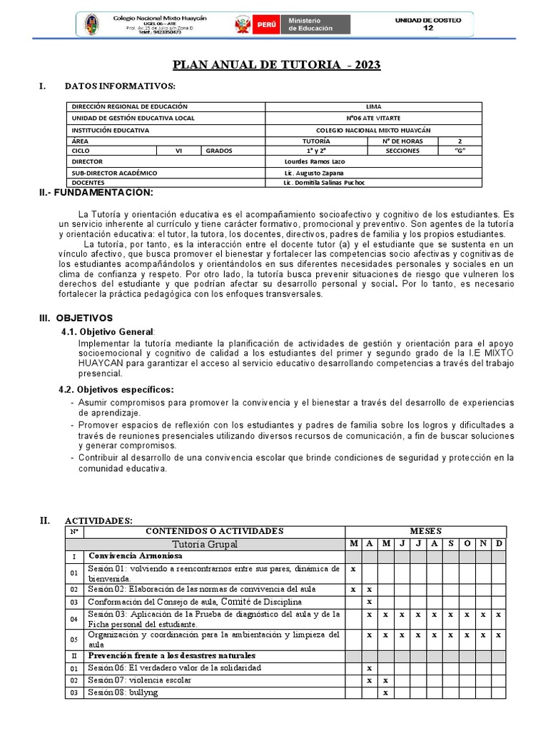 Plan Anual de Tutoria 2023 | PDF | Salón de clases | Evaluación