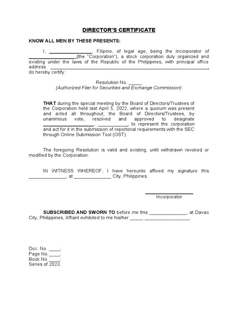 Sec director s certificate for authorized filer pdf