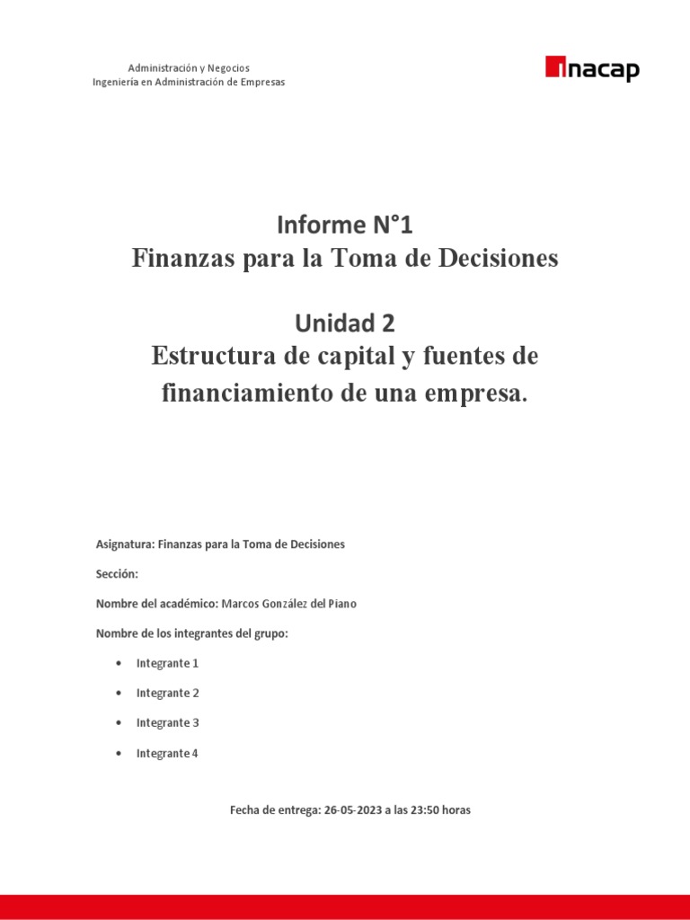 Informe UN°2 Finanzas para La Toma de Decisiones 2023 | PDF | Modelo de ...