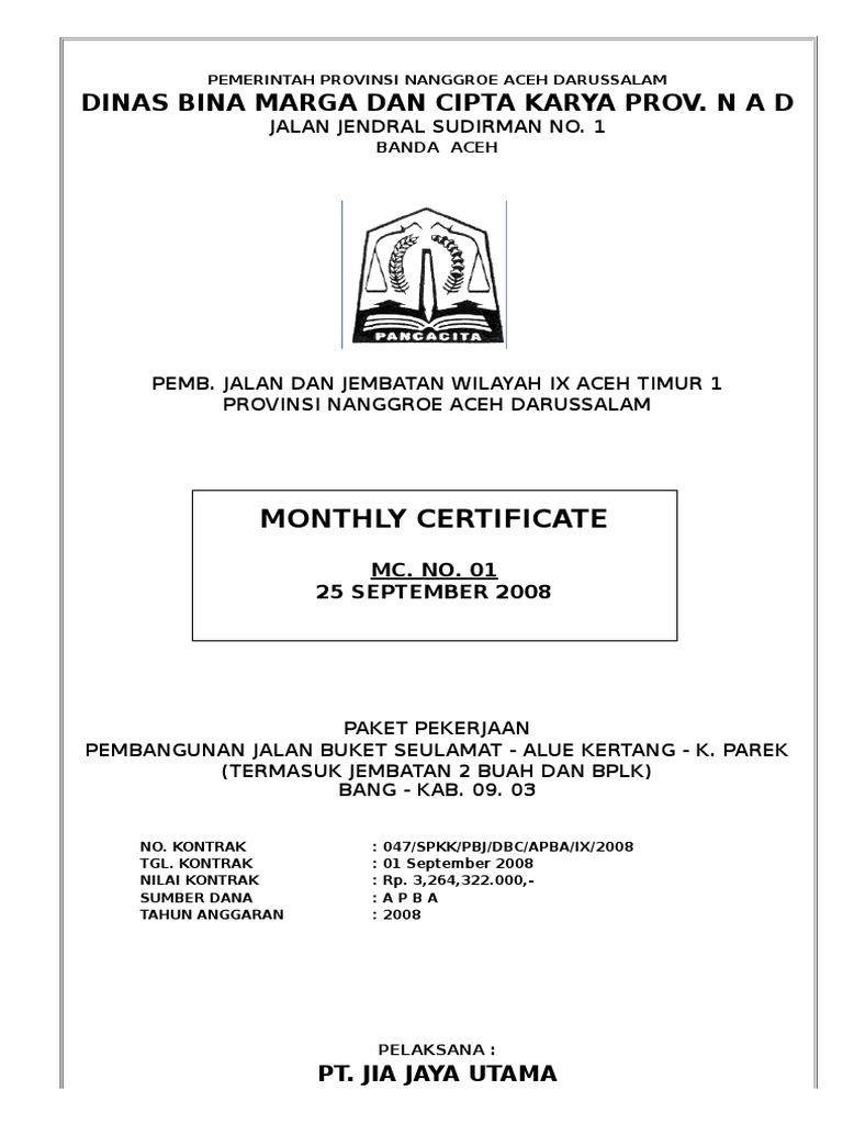 Format Monthly Certificate Jalan Dan Jembatan | PDF