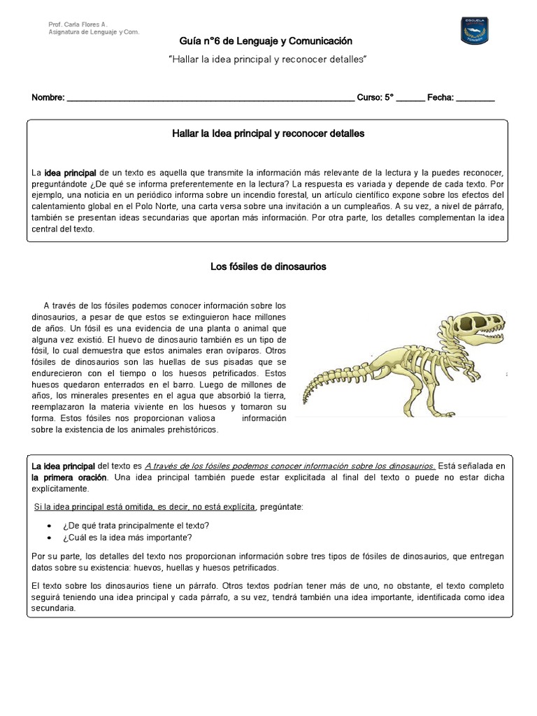 Guía N°6 Identificar La Idea Principal y Secundaria de Un Texto Informativo  | PDF | Fósil | Dinosaurios