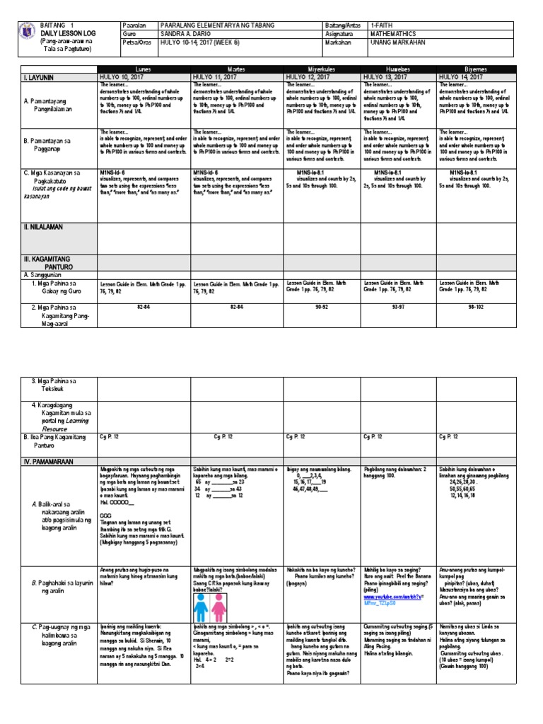 Grade 1 Math Daily Lesson Log | PDF