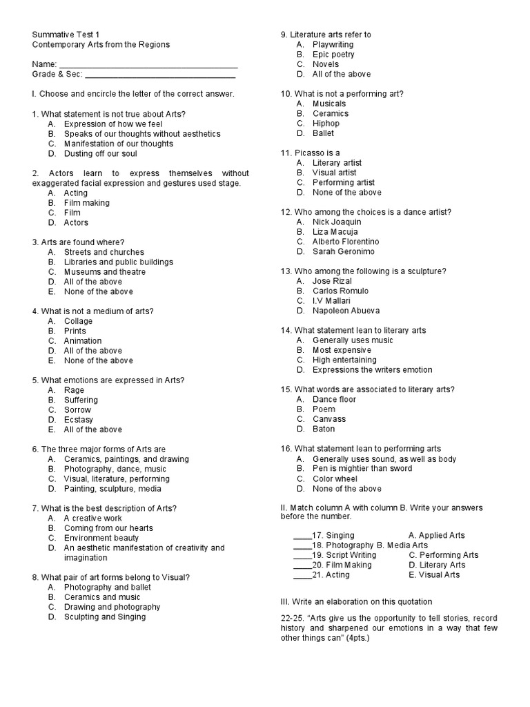 Contemporary Arts Summative Test 1 Module 1 Pdf The Arts Aesthetics