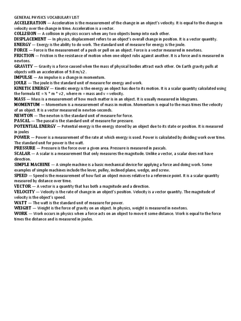 Essential Physics Vocabulary List | PDF | Force | Velocity
