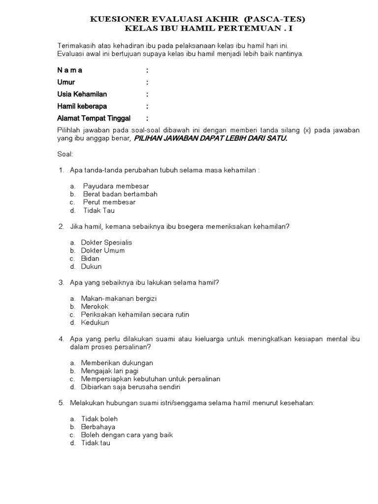 Pre Test Akhir Kelas Ibu Hamil.i. | PDF