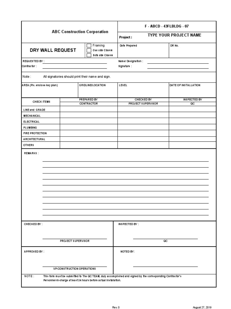 Dry Wall Installation Request Form | PDF