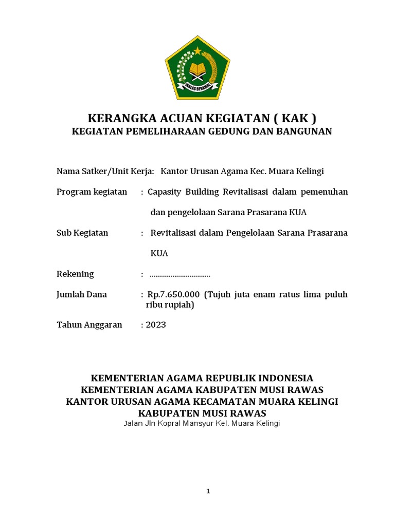KAK - TOR Usul Pemeliharaan KUA | PDF | Pengelolaan Keuangan & Uang