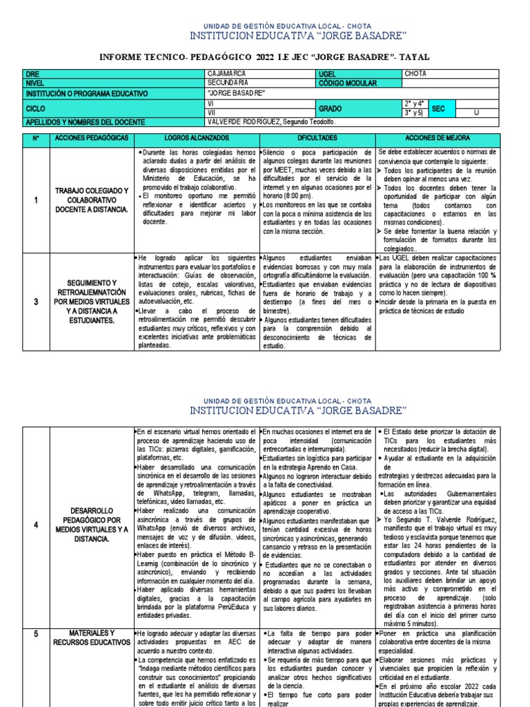 Informe Pedagógico 2022 - I.E. Jorge Basadre | PDF | Aprendizaje ...