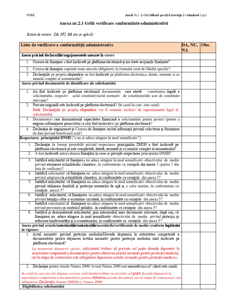 Anexa 2 1 ghidul specific grila verificare conformitate administrativ