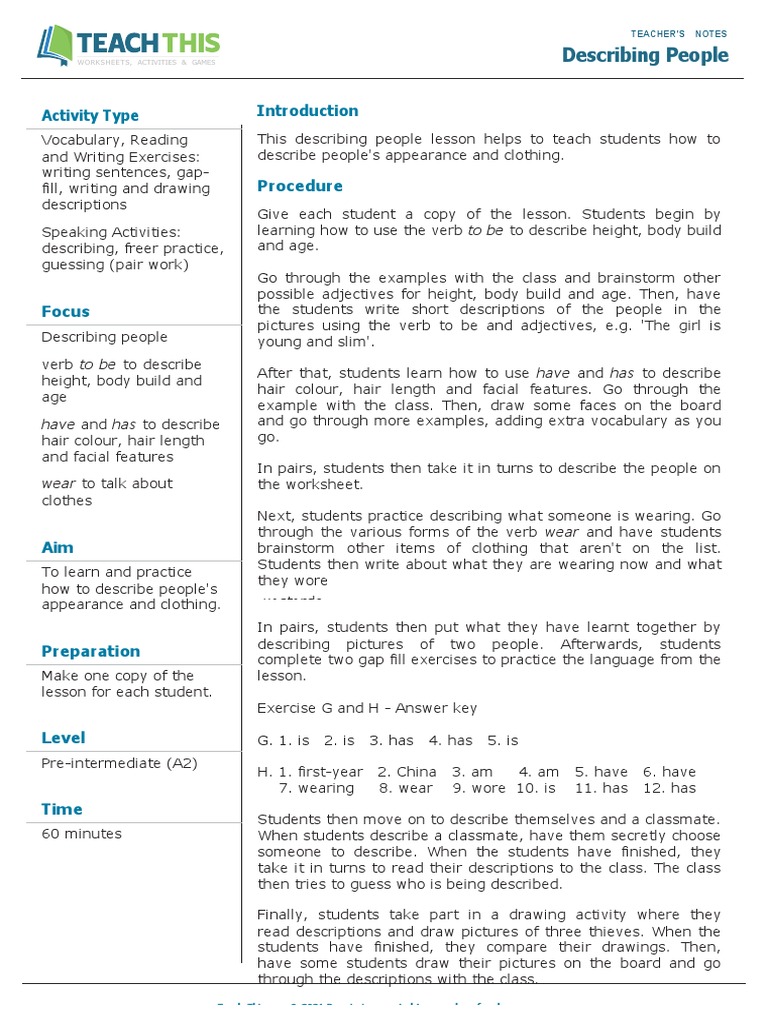 Describing People Pdf Clothing Face