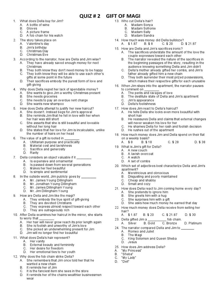 Gift of the Magi Quiz and Answers | PDF