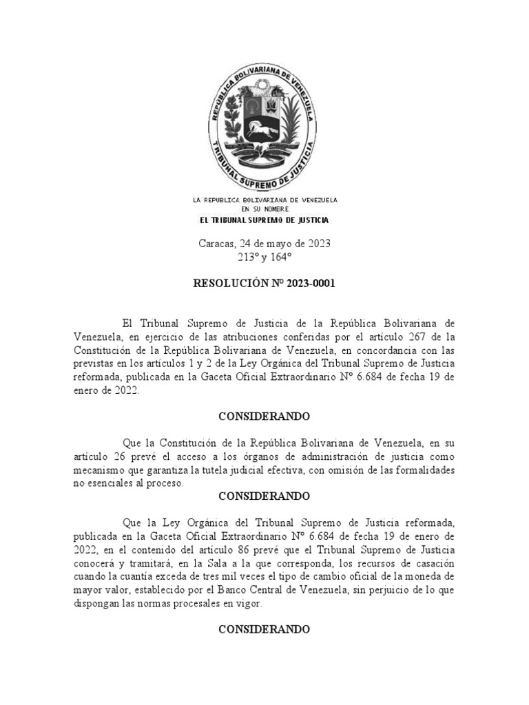 Resolución No. 2023-0001 que modifica cuantía de los tribunales de