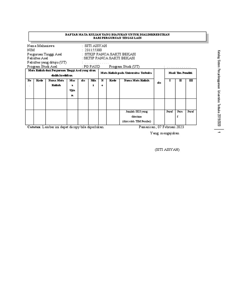 Daftar Mata Kuliah Alih Kredit UT | PDF