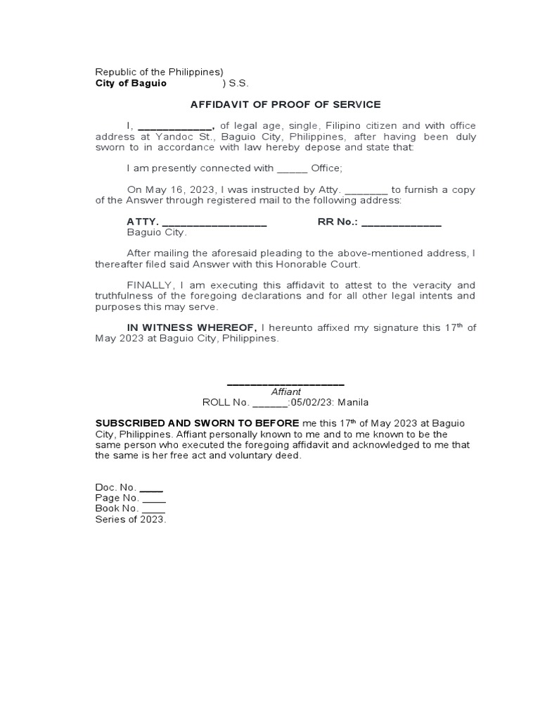 Affidavit of Proof of Service Baguio | PDF