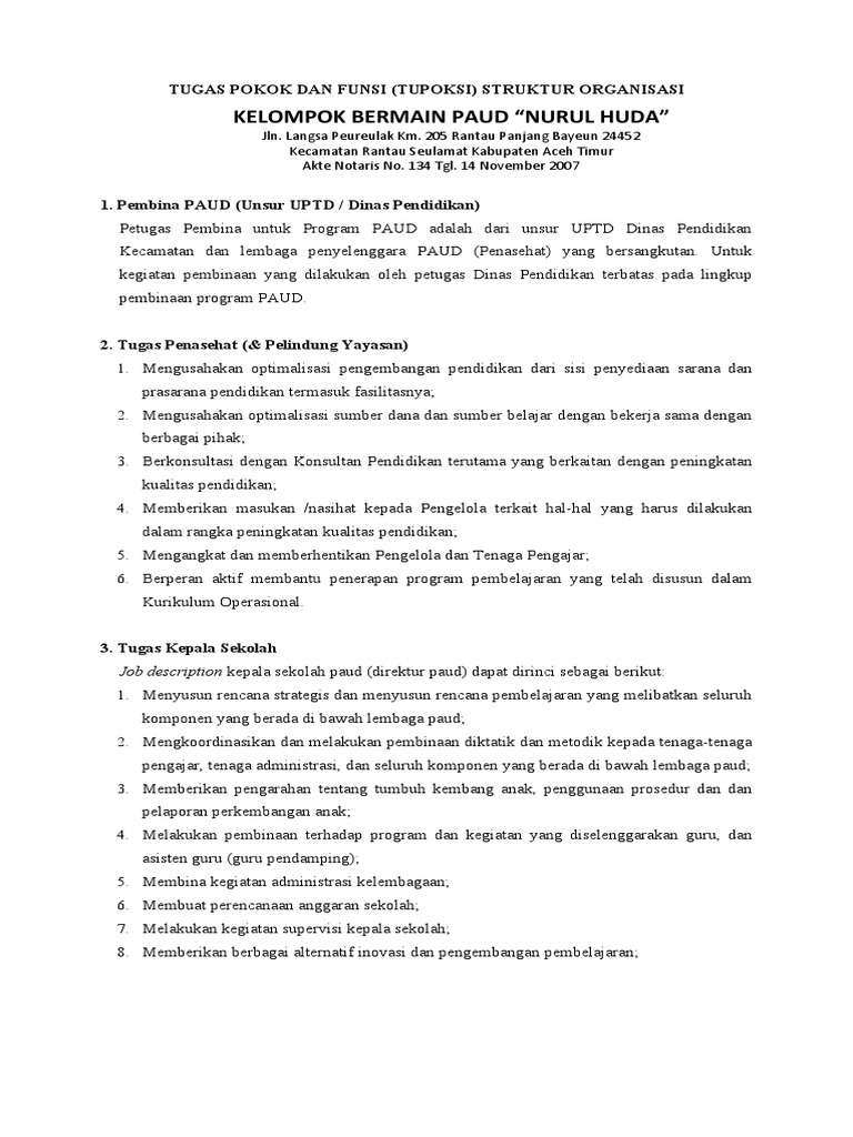 Tugas Pokok Dan Funsi Struktur Organisasi Paud Nurul Huda | PDF