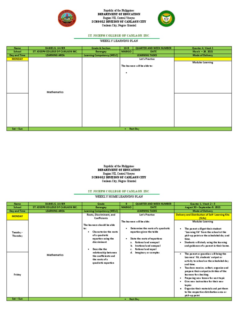 Weekly Learning Plans for Grade 9 Mathematics | PDF | Quadratic ...