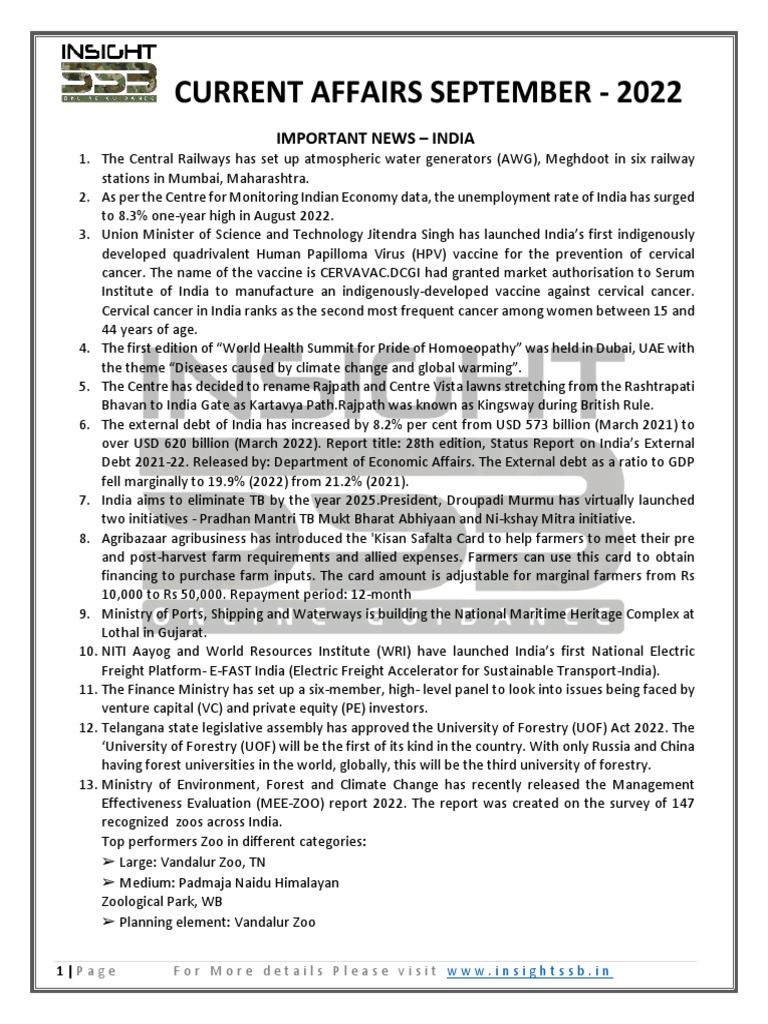 Current affairs september 2022 important news india pdf