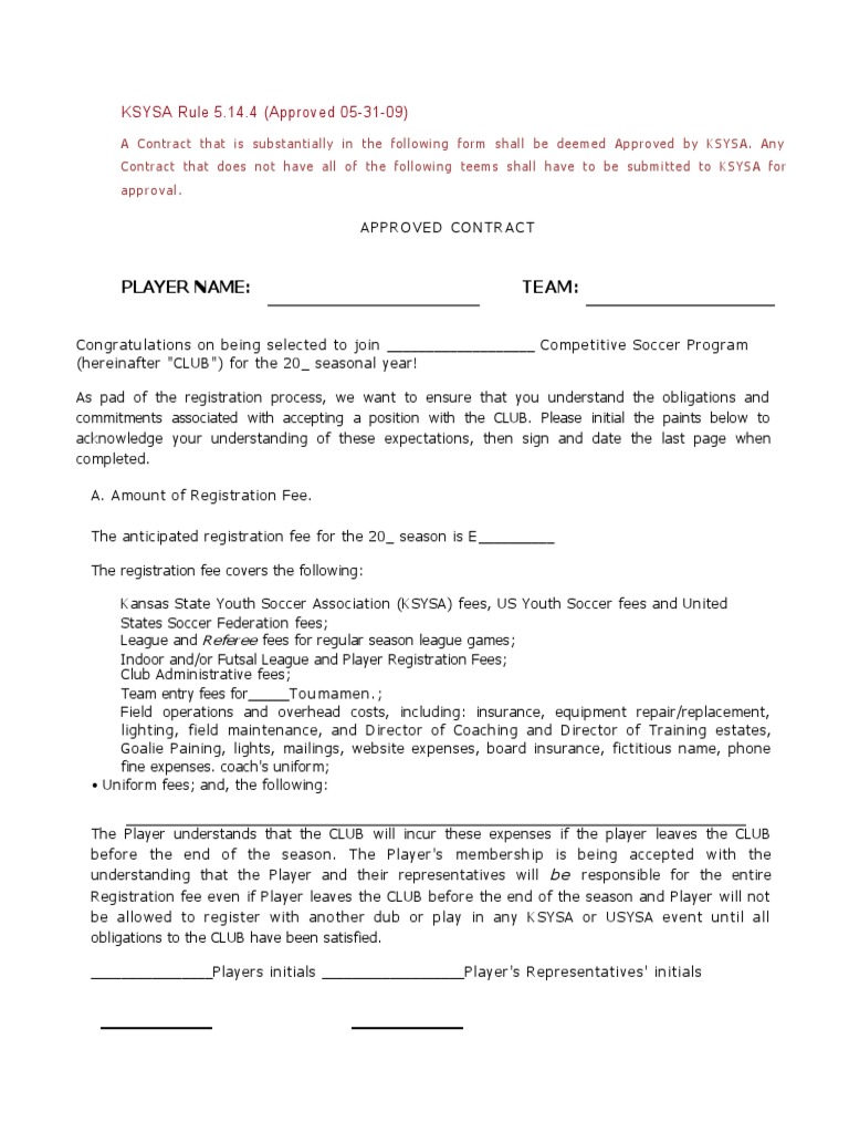 KSYSA Approved Soccer Player Contract | PDF