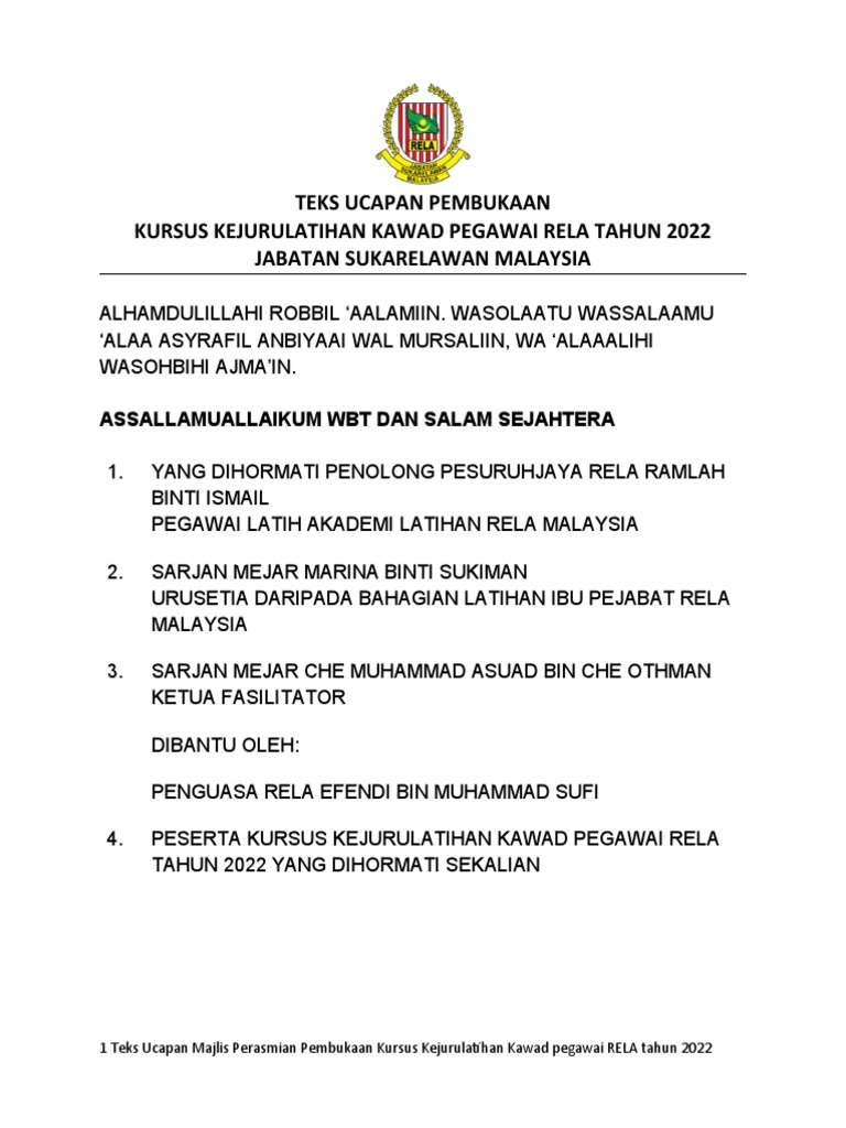 Teks Ucapan KP Perasmian Penutup Kursus Kejurulatihan Kawad Kaki Rela ...