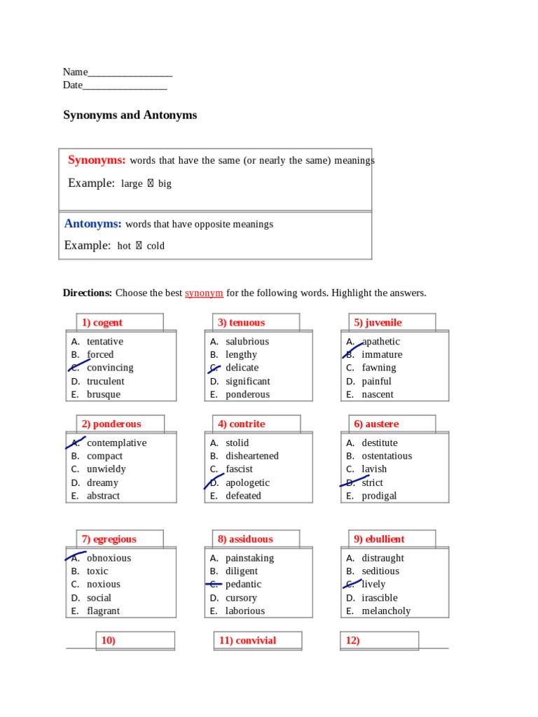 Synonyms and Antonyms Worksheet | PDF