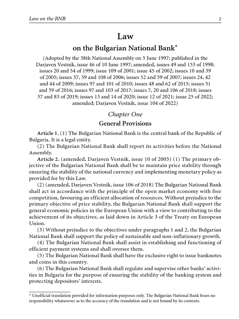 Law On The Bulgarian National Bank Laws - BNB - en | PDF | Banks | Finance  & Money Management