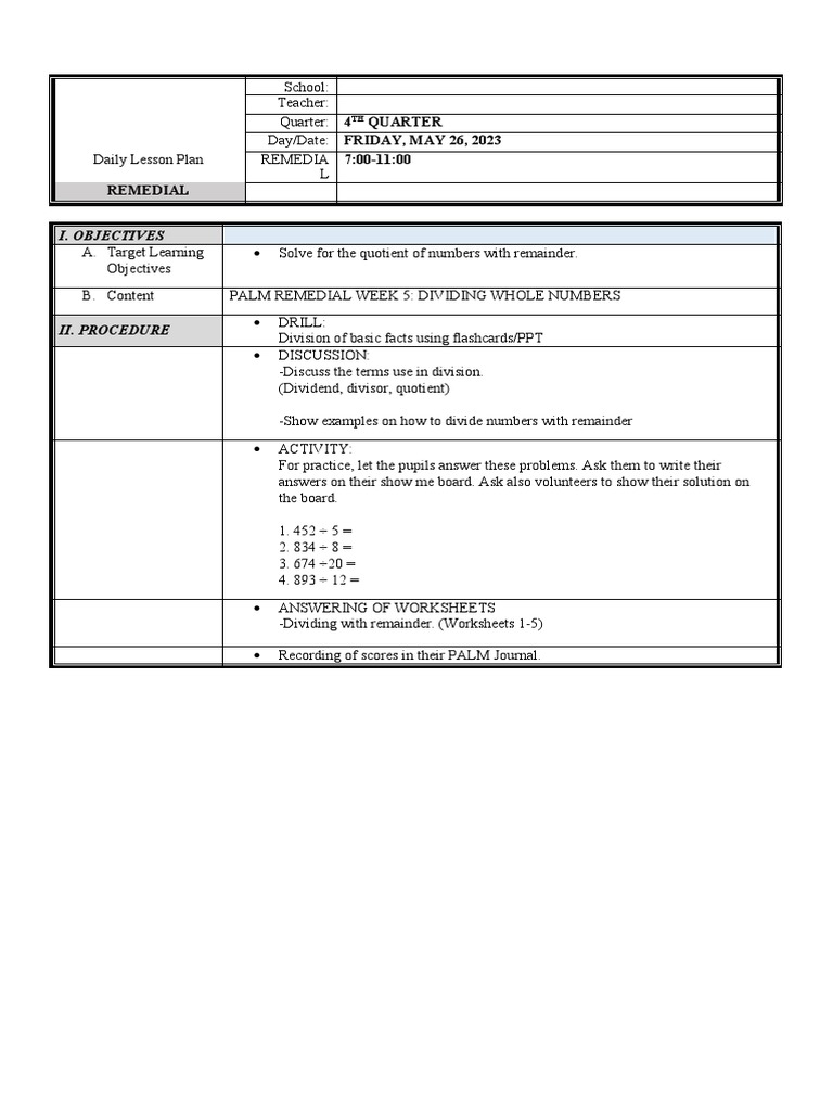 Remedial Lesson Plan PDF