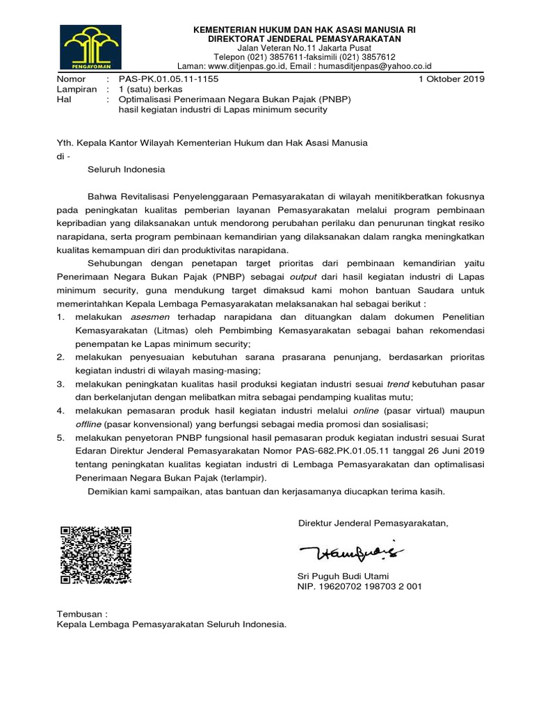 Surat dirjen tentang optimalisasi pnbp di lapas minimum security dan se